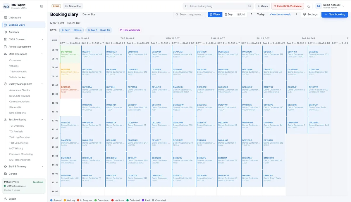 MOTXpert booking diary screen